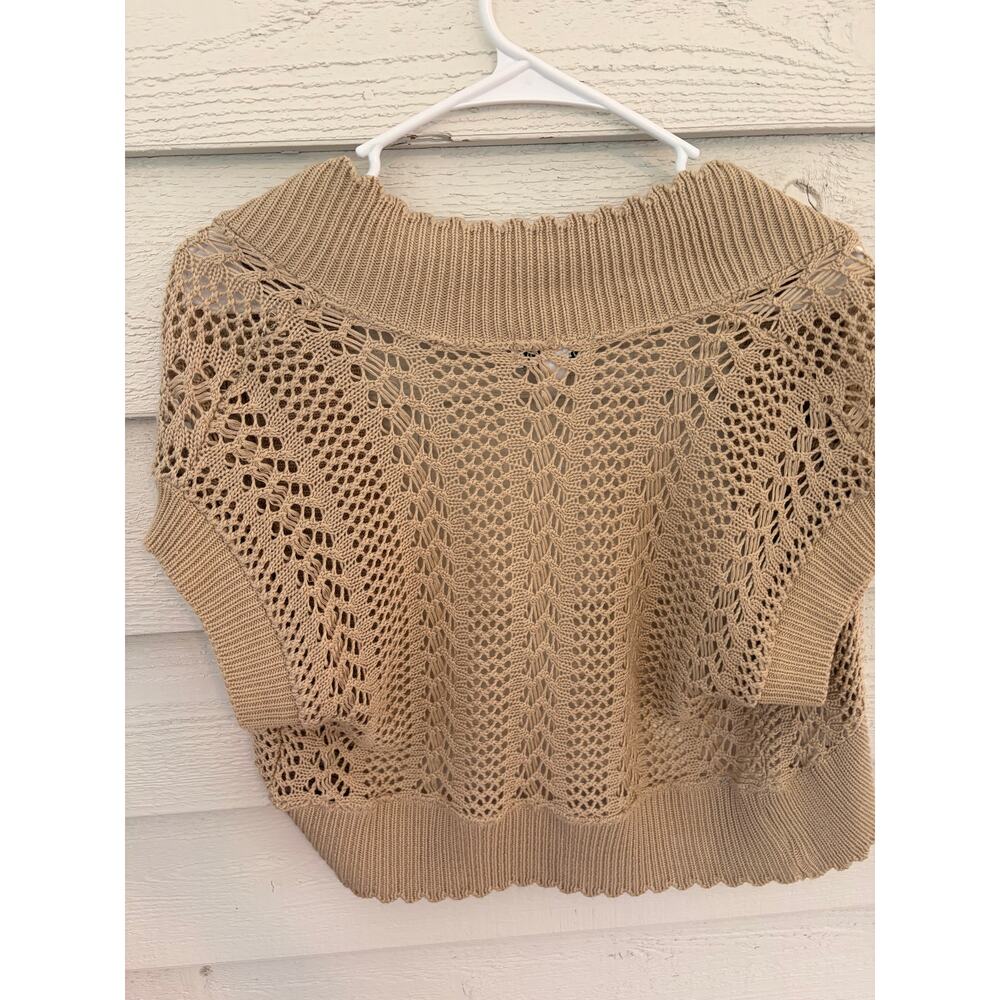 Robbie Bee Taupe Open Knit Short Sleeve Cardigan Shrug Small USA Made - Picture 4 of 4